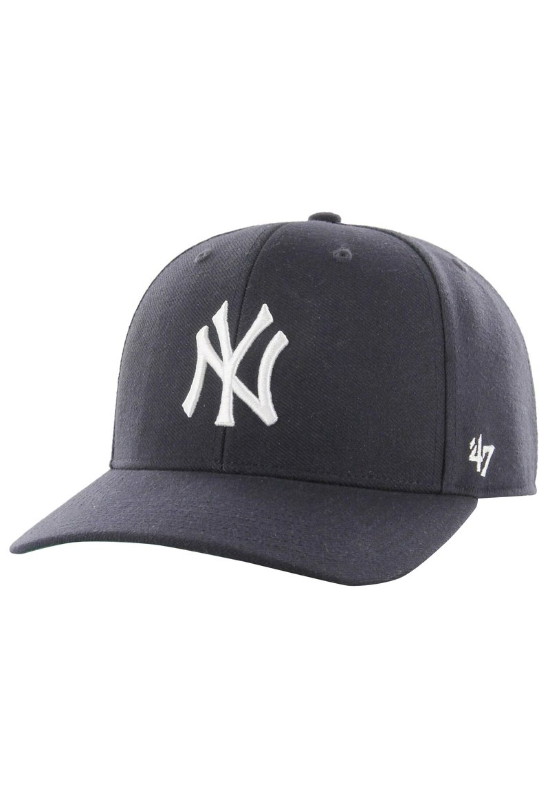 Cappellino da baseball navy realizzato in tessuto, con un logo NY ricamato bianco sulla parte frontale e un piccolo logo ’47 bianco sul lato.
