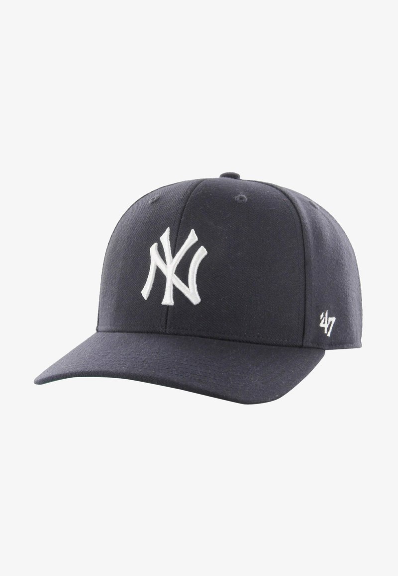 Navy baseball cap made of fabric, featuring a white embroidered NY logo on the front and a small white ’47 logo on the side.