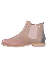 Leder-Stiefelette mit einer rosa Zehenkappe, beigem Obermaterial und grauem Absatz. Ausgestattet mit elastischen Seitenleisten und dekorativen Perforationen. Flache Sohle.