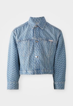 Blauwe denim cropped jas met een subtiel all-over patroon, knoopsluiting en klassiek kraagontwerp. Gestructureerde stof met zijzakken.