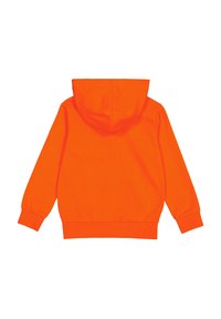 Sudadera con capucha de color naranja brillante, de mangas largas, con puños elásticos y una cinturilla ancha. Textura suave, sin patrones ni detalles metálicos.