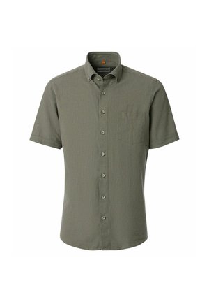 Kurzärmeliges, olivgrünes Hemd mit Knopfleiste, Brusttasche und Button-Down-Kragen, dargestellt auf weißem Hintergrund.