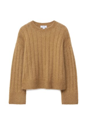 Cropped, ribbed sweater made of soft brown wool. Features a round neckline and long sleeves with textured detailing.