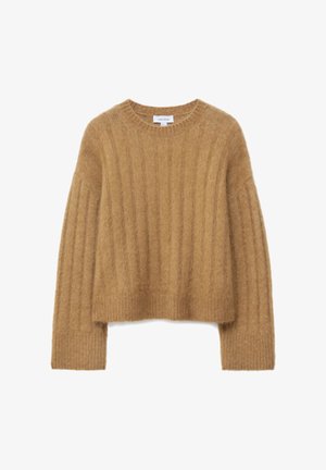 Gekürzter, gerippter Pullover aus weicher brauner Wolle. Verfügt über einen runden Ausschnitt und lange Ärmel mit strukturierten Details.