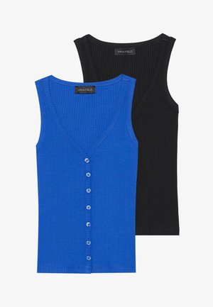 Zwei gerippte ärmellose Oberteile: eines in lebhaftem Blau und eines in Schwarz. Beide haben einen V-Ausschnitt und eine Knopfleiste in Blau.