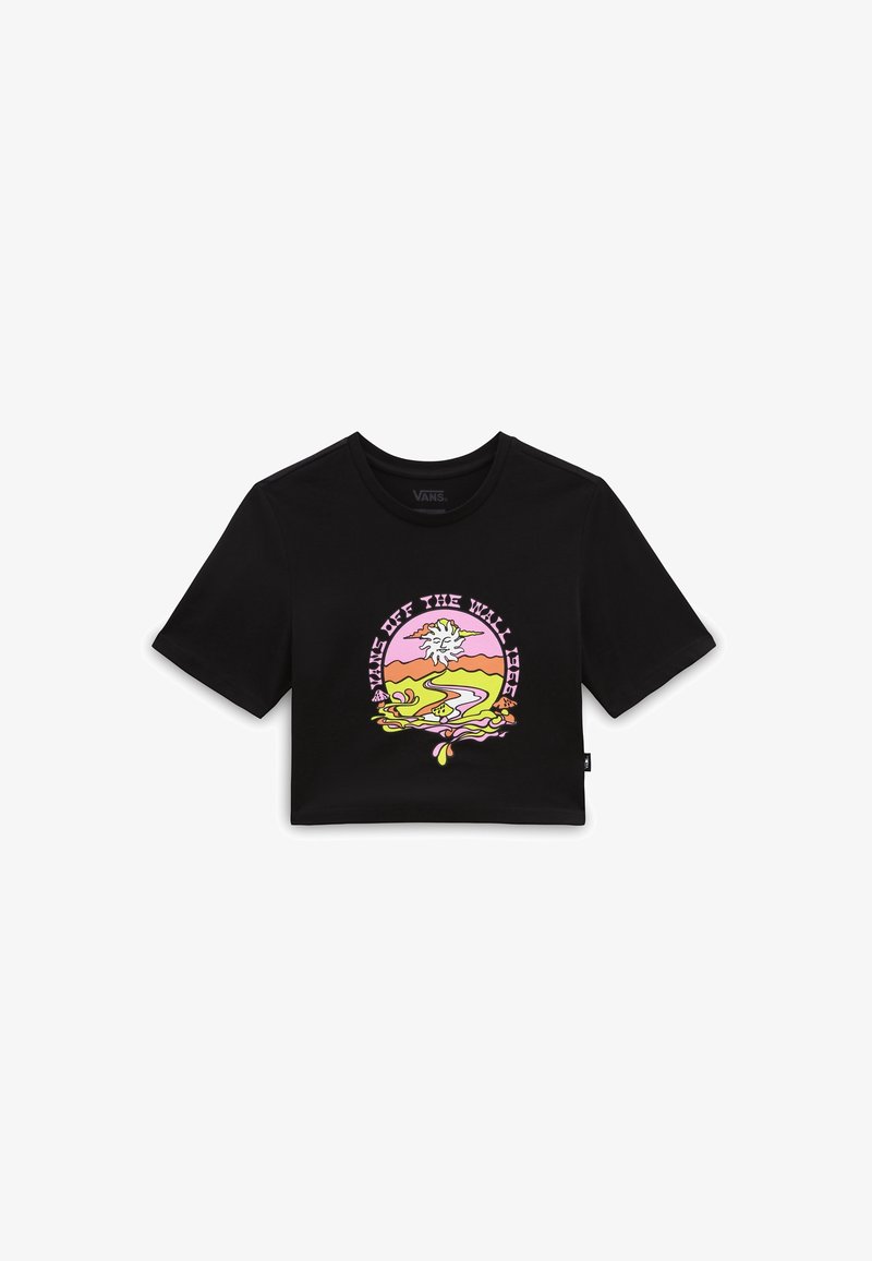T-shirt noire courte en coton avec un graphique coloré représentant un soleil, un paysage et le texte "VANS OFF THE WALL" en rose.