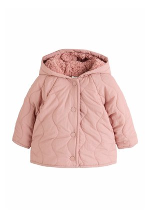 Rosa gesteppte Kleinkindjacke mit Kapuze und weichem Fleecefutter, mit Druckknöpfen vorne.