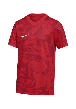 Rotes Sport-T-Shirt mit kurzen Ärmeln, dezenten dunkelroten abstrakten Mustern und einem weißen Nike-Logo auf der rechten Brust.