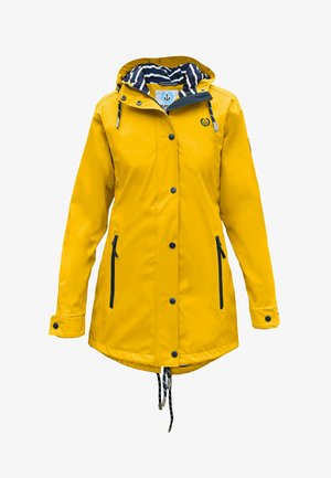 Gelbe wasserdichte Jacke mit Kapuze, ausgestattet mit einem gestreiften Innenfutter, schwarzen Reißverschlusstaschen und Druckknöpfen vorne.