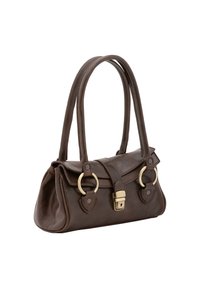 Borsa a tracolla in pelle marrone con due manici curvi, accenti in hardware dorato, una parte superiore a pattina e chiusura con gancetto. Texture liscia con cuciture dettagliate.