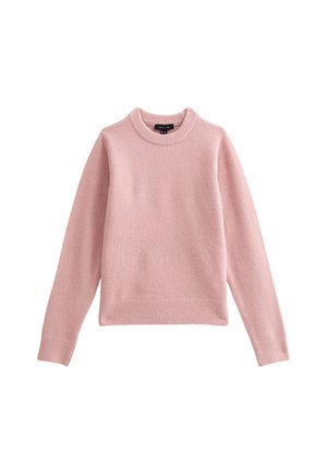 Pull en maille rose clair avec un col rond, des manches longues et des poignets et un ourlet côtelés. Texture douce et coupe décontractée.