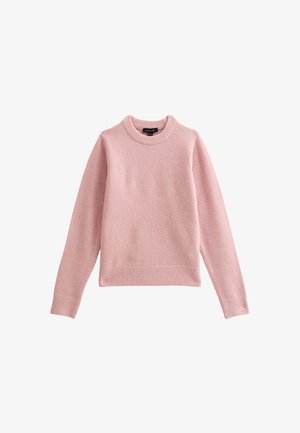 Lichtroze, gebreide trui met een ronde hals, lange mouwen en geribbelde manchetten en onderrand. Zachte textuur en een relaxte pasvorm.