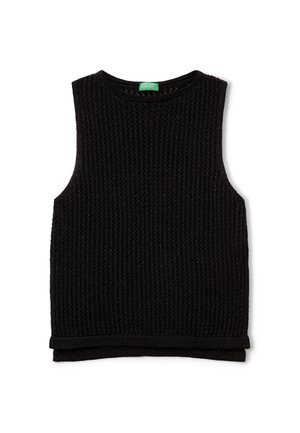 Black sleeveless knit top with a textured pattern, round neckline, and a hemmed bottom edge. Green brand label visible at the neck.