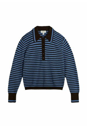 Polo en tricot à manches longues avec rayures horizontales bleu et noir, col noir, patte de boutonnage et poignets noirs.