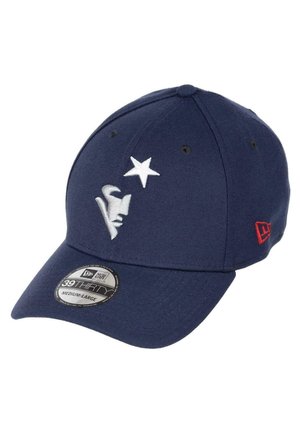 Navy baseball cap with a curved brim, featuring a white embroidered star and face design. Includes a red accent on the side.