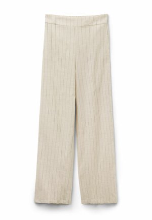 Beige weite Hose mit dünnen vertikalen Streifen, elastischem Bund und geradem Saum, flach auf weißem Hintergrund dargestellt.