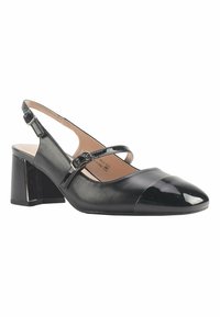 Pantofi slingback negri cu un finisaj lucios, având vârf rotund, toc bloc și o curea încrucișată cu un accent de cataramă.