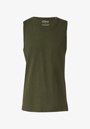 Męska oliwkowozielona koszulka bez rękawów z okrągłym dekoltem i subtelnym logo s.Oliver na lewej piersi.
