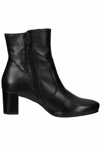 Botte chukka en cuir noir avec une fermeture éclair sur le côté, bout rond et talon épais. Texture lisse avec des lignes épurées et un design minimaliste.