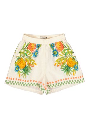 Florale Shorts aus cremefarbenem Stoff, mit bunter Ananas- und Blumenstickerei, grün kariertem Besatz und einem lässigen Schnitt mit elastischem Bund.