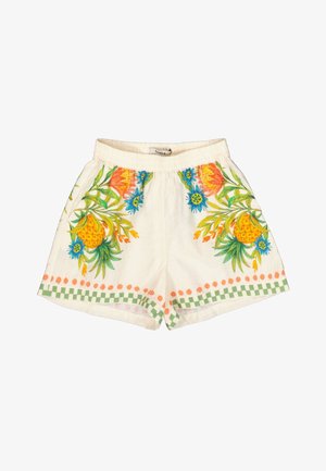 Pantalones cortos florales en tela color crema, con bordado colorido de piñas y flores, ribete verde a cuadros y un ajuste relajado con cintura elástica.