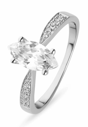 Silver ring with a large marquise-cut clear gemstone in the center and smaller round gemstones embedded along the band.