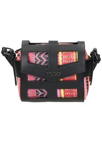 Borsa a tracolla nera con un motivo intrecciato texturizzato e colorato nei toni del rosa, giallo e nero. Presenta una chiusura a pattina e una tracolla regolabile.