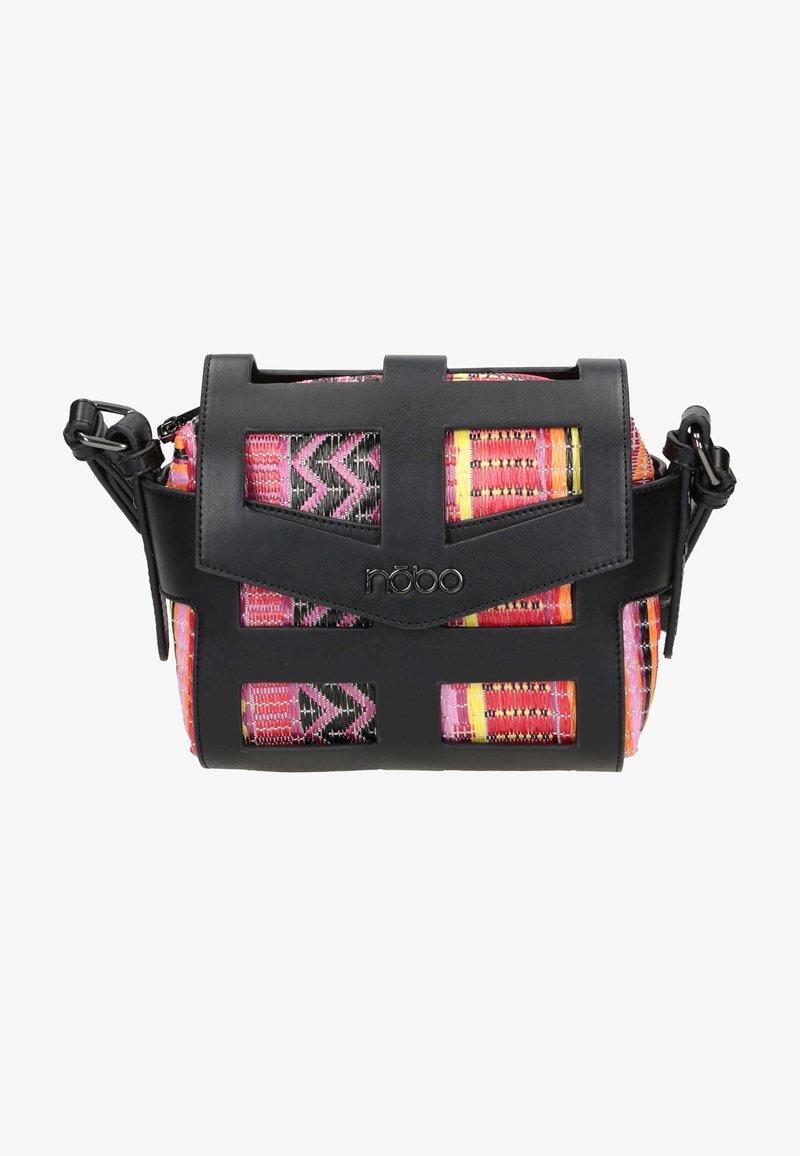 Borsa a tracolla nera con un motivo intrecciato texturizzato e colorato nei toni del rosa, giallo e nero. Presenta una chiusura a pattina e una tracolla regolabile.