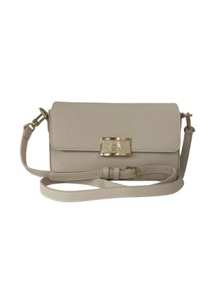 Borsa a tracolla in pelle beige con tracolla regolabile, chiusura dorata e cuciture minime su sfondo bianco.