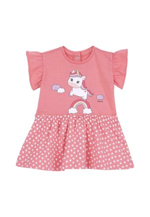 Vestido rosa para niño pequeño con mangas de vuelo, falda blanca con estampado de estrellas y unicornio saltando sobre un arcoíris con nubes en el pecho.