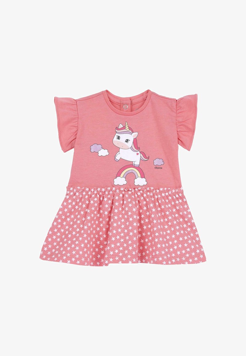 Robe rose pour tout-petit avec manches volantes, jupe blanche à motifs d’étoiles, et licorne sautant au-dessus d’un arc-en-ciel avec des nuages sur la poitrine.