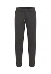 Donkergrijze sweatpants met een elastische tailleband met trekkoord, taps toelopende pijpen en ribgebreide manchetten bij de enkels. Gladde stofstructuur.