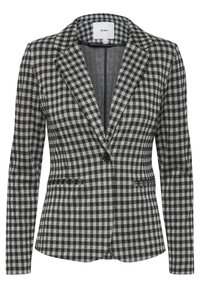 Czarno-biały marynarka w kratę z długimi rękawami, jednym czarnym guzikiem, kołnierzem z wycięciem oraz dwiema przednimi kieszeniami.