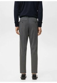Gray trousers with a tailored fit, featuring a smooth texture, dual back pockets with button closures, and a waistband with elastic.