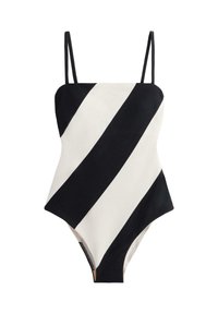 Černobílé pruhované jednodílné plavky se čtvercovým výstřihem, úzkými ramínky a priléhavým střihem. Strukturální látka s výraznými diagonálními liniemi.