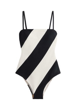 Costume intero a righe bianche e nere con scollo quadrato, spalline sottili e silhouette aderente. Tessuto strutturato con audaci linee diagonali.