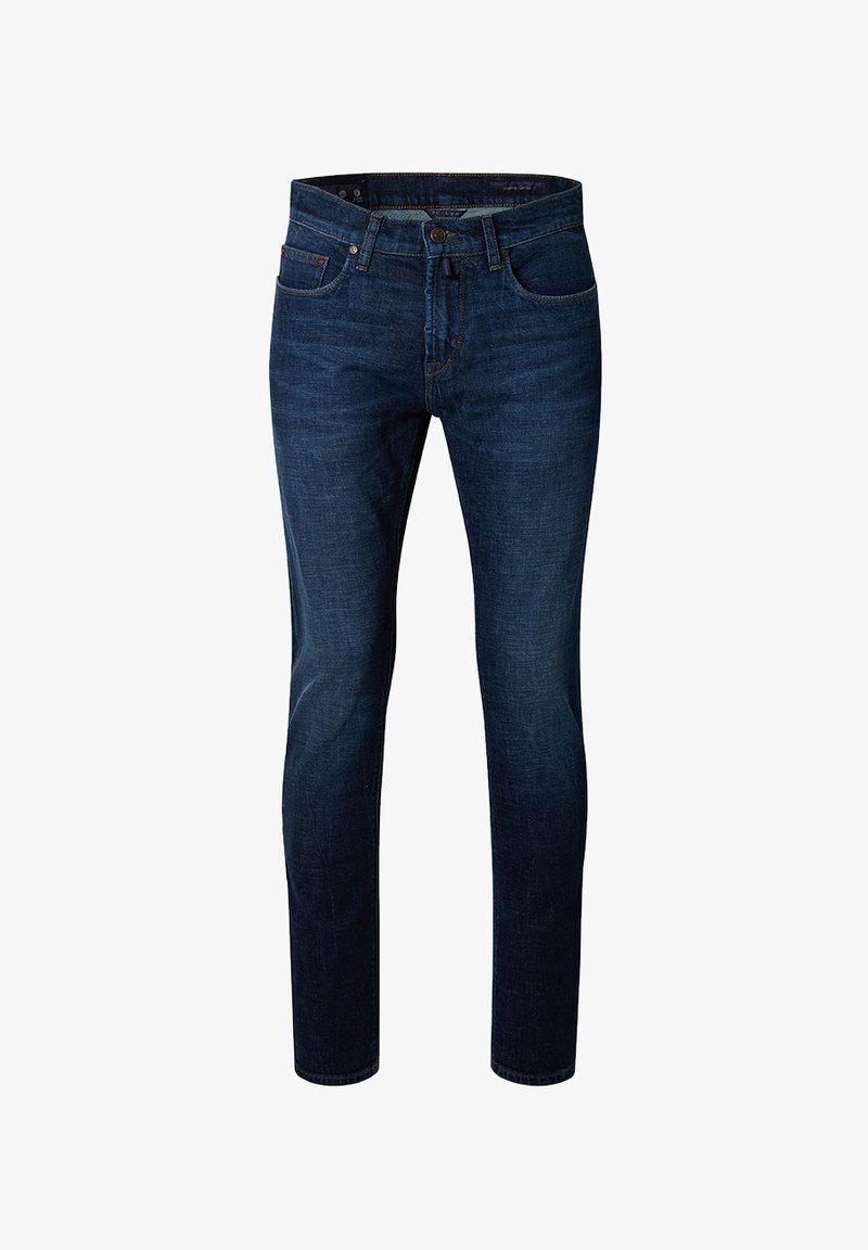 Men’s dark blue slim-fit jeans with five-pocket design, button closure, and subtle whiskering details on front thighs.