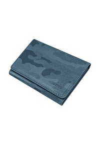 Portafoglio con motivo mimetico blu, realizzato in materiale sintetico testurizzato; presenta un design pieghevole con cuciture visibili e dettagli del logo.