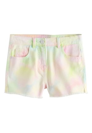 Pastelfarvet tie-dye denimshorts med forreste knap, bæltestropper og to forlommer mod hvid baggrund.