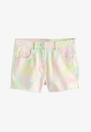 Pastelfarvet tie-dye denimshorts med forreste knap, bæltestropper og to forlommer mod hvid baggrund.