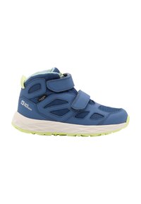 Blue mid-top athletic shoe with mesh panels, two Velcro straps, and green accents. Features a textured sole and lightweight design.