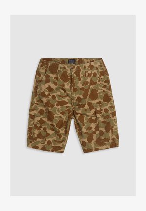 Pantaloni cargo in beige e verde mimetico, con numerose tasche laterali, chiusura con bottone e vestibilità rilassata. Realizzati in tessuto di cotone resistente.