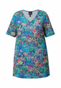 Kortærmet V-hals tunika med flerfarvet blomsterprint i blå, grønne, lilla og pink nuancer.