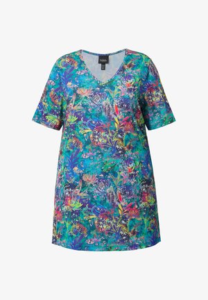 Tuniczka z krótkim rękawem i dekoltem w serek, z wielokolorowym kwiatowym wzorem w odcieniach niebieskiego, zielonego, fioletowego i różowego.