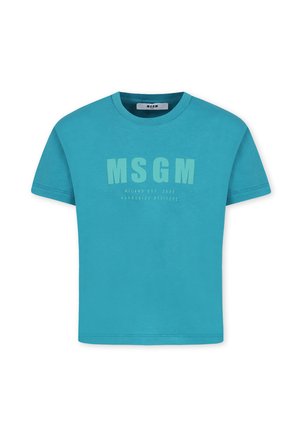 T-shirt di cotone turchese con maniche corte, colletto girocollo e scritta frontale in verde chiaro che recita "MSGM MILANO EST 2009 HARMONIZE ATTITUDE."