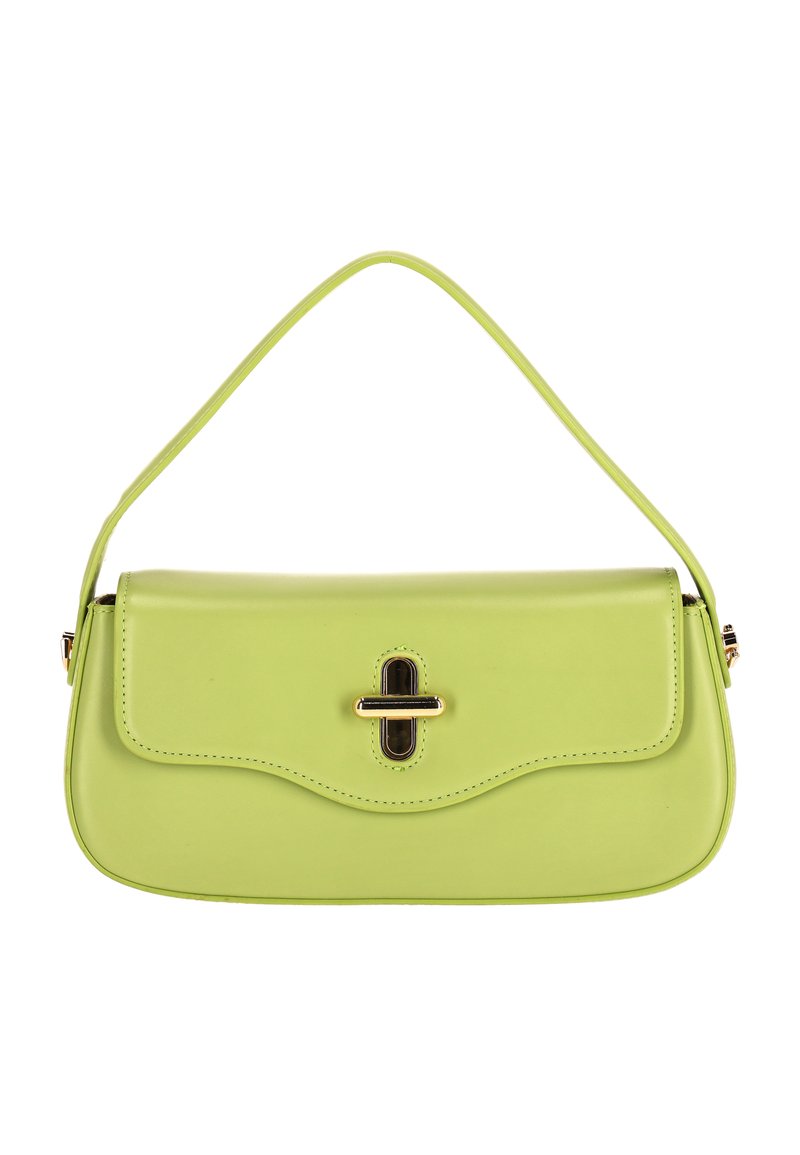 Borsa a mano in pelle verde lime con forma curva, manico superiore, chiusura a patta, dettagli in metallo dorato e cuciture a contrasto.