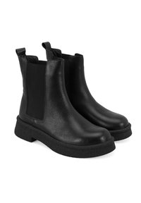 Zwarte leren enkellaarzen met elastische zijkanten, ronde neuzen en een gestructureerde rubberen zool, met een matte afwerking.