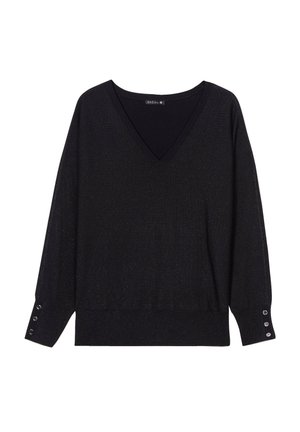 Pull noir à col en V avec manches longues, texture douce, léger éclat et accents de boutons aux poignets. Fabriqué en matériau léger.