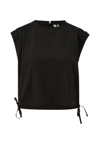 Top nero a maniche corte con design strutturato, caratterizzato da un collo rotondo, lacci laterali e un dettagli di apertura a chiave sul retro. Tessuto con una texture liscia.