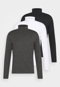 Tres camisetas de cuello alto de manga larga en gris oscuro, blanco y negro. Están hechas de una tela suave con un diseño de cuello alto acanalado y mangas ajustadas.